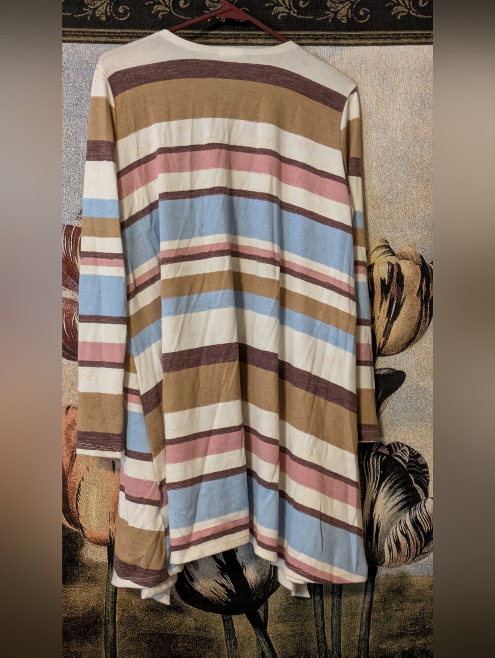 LuLaRoe Striped Open-Front Cardigan in Brown, Blue & Cream - Picture 2 of 3